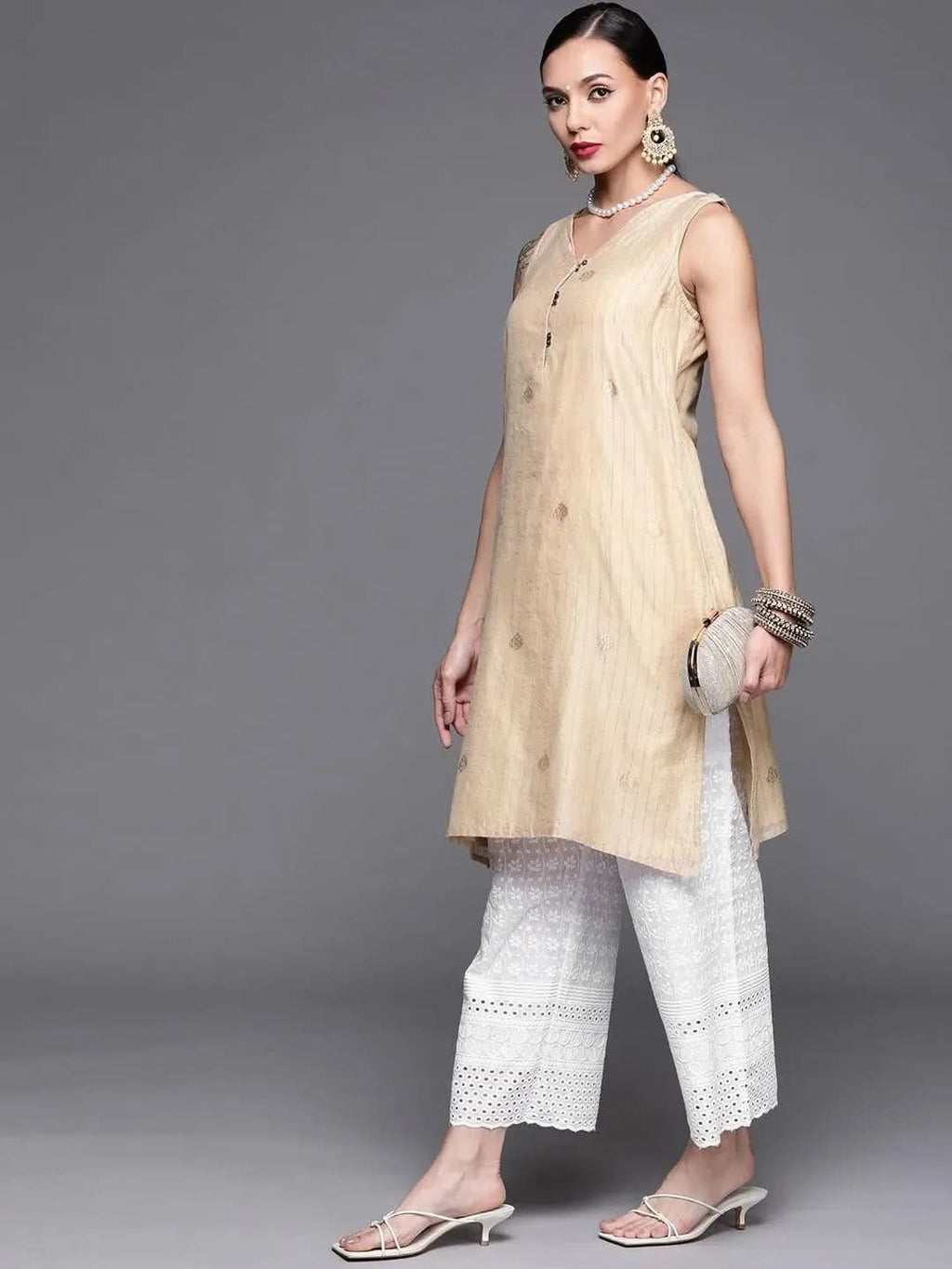 Libas White Embroidered Cotton Palazzos