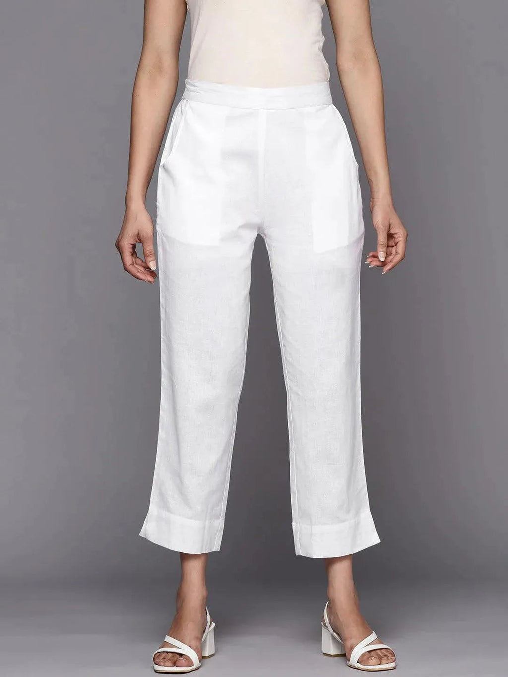 Libas White Solid Cotton Trousers