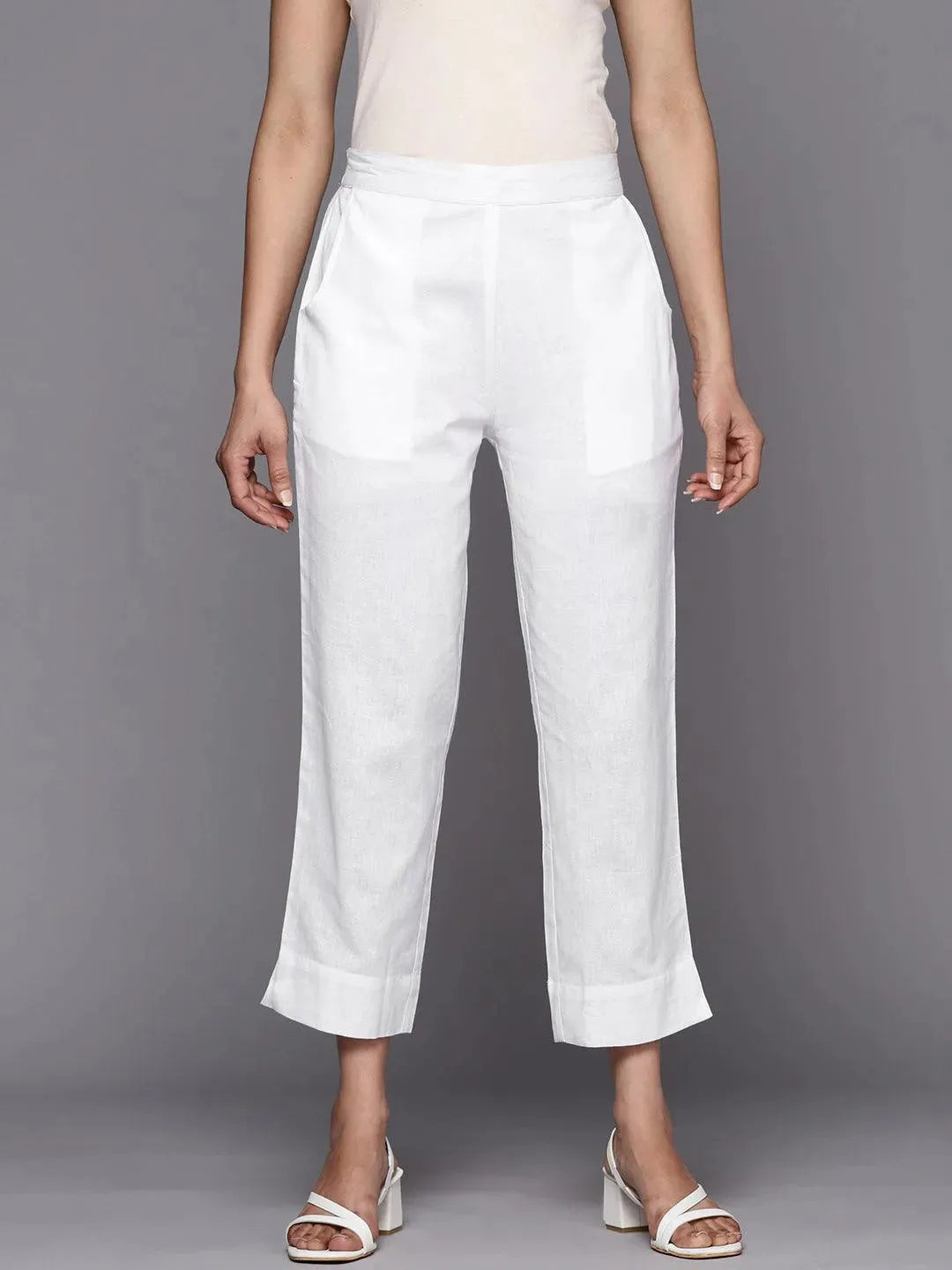 Libas White Solid Cotton Trousers