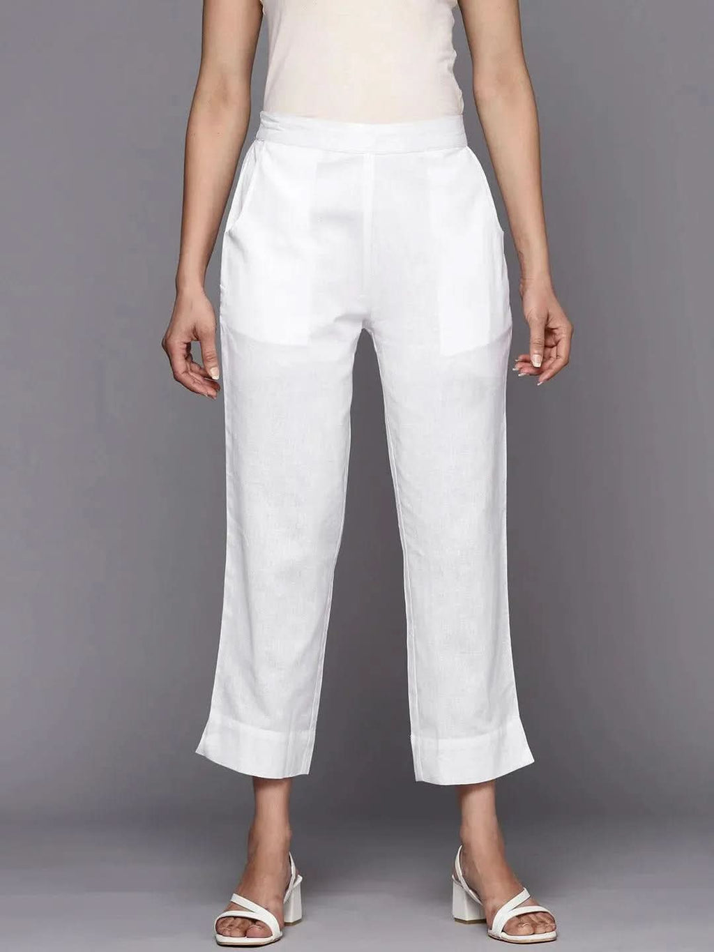Libas White Solid Cotton Trousers