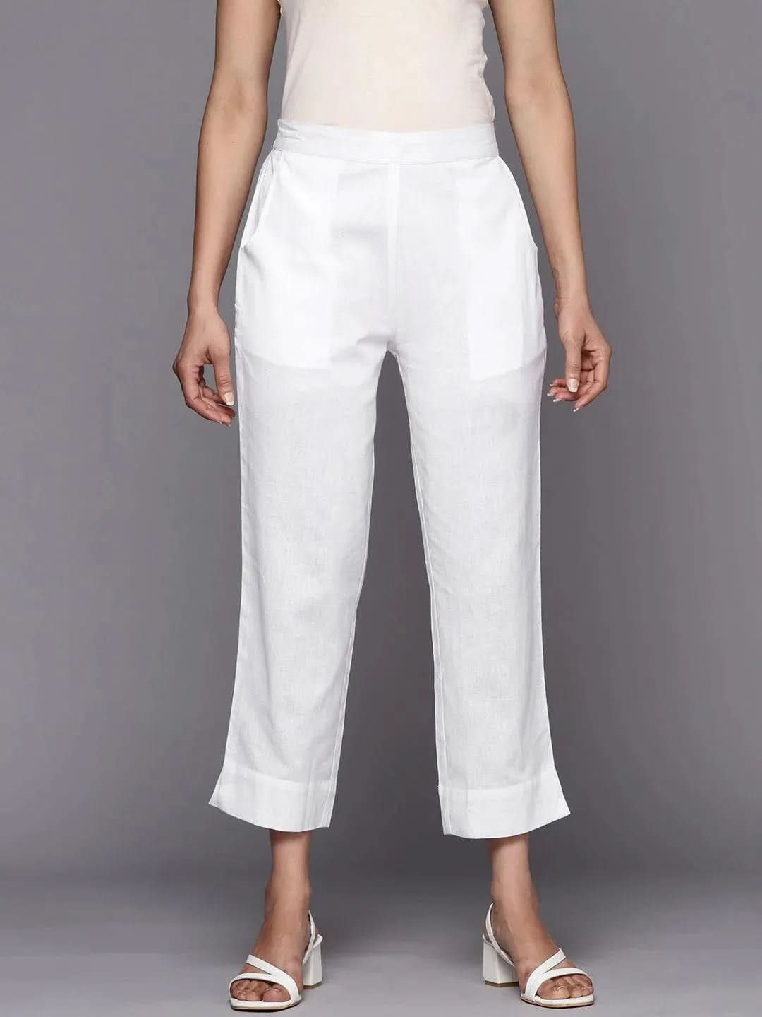 Libas White Solid Cotton Trousers