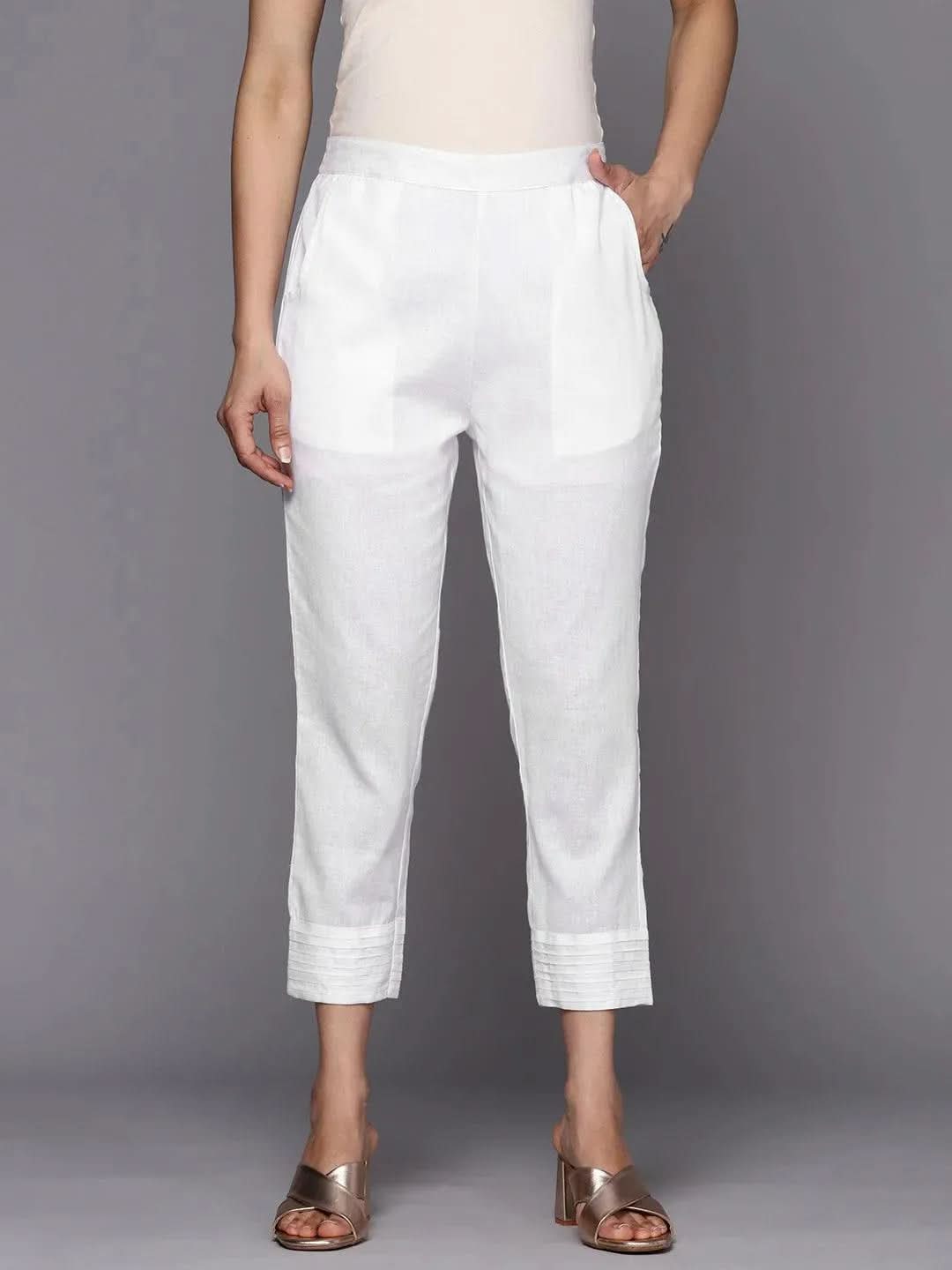 Libas White Solid Cotton Trousers