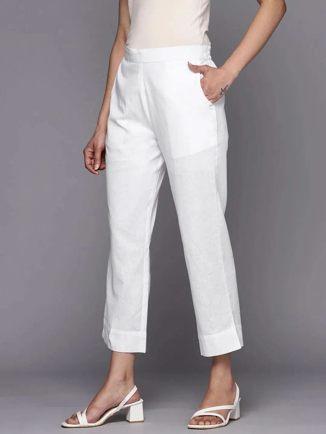 Libas White Solid Cotton Trousers