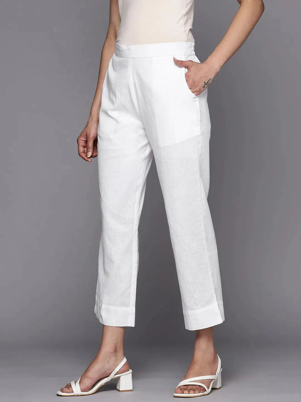 Libas White Solid Cotton Trousers