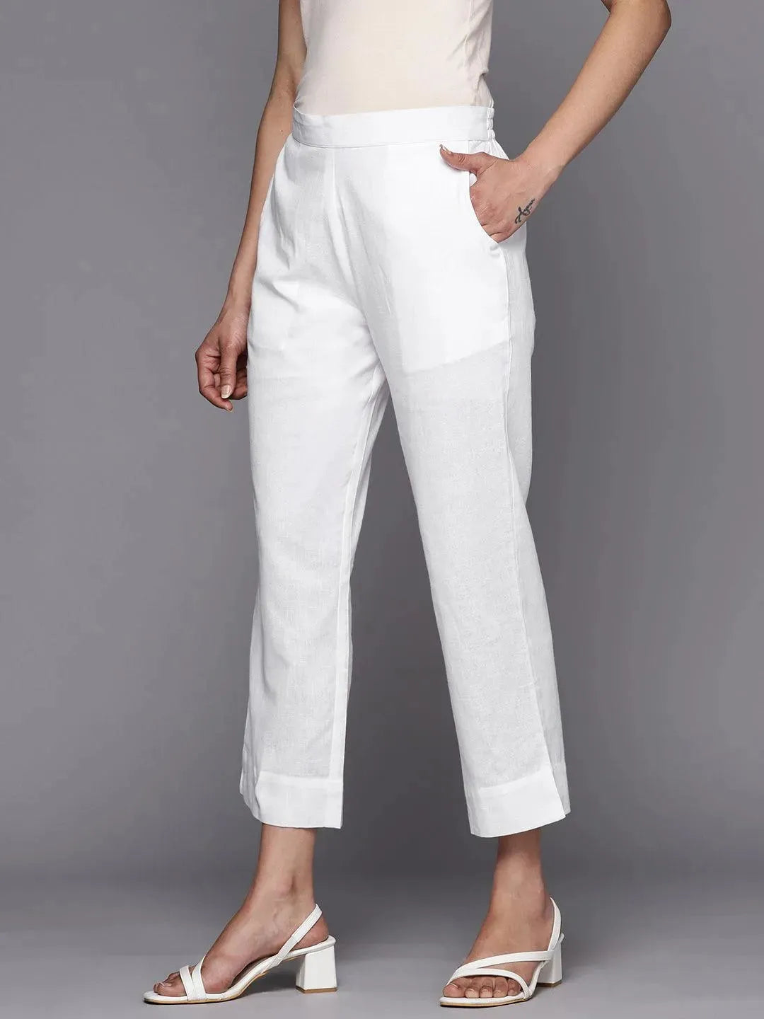 Libas White Solid Cotton Trousers