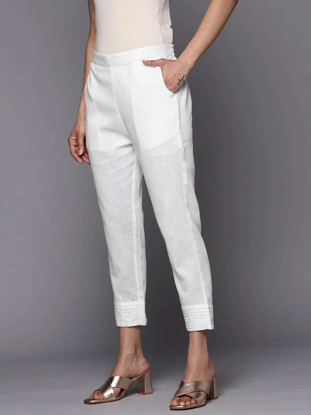 Libas White Solid Cotton Trousers