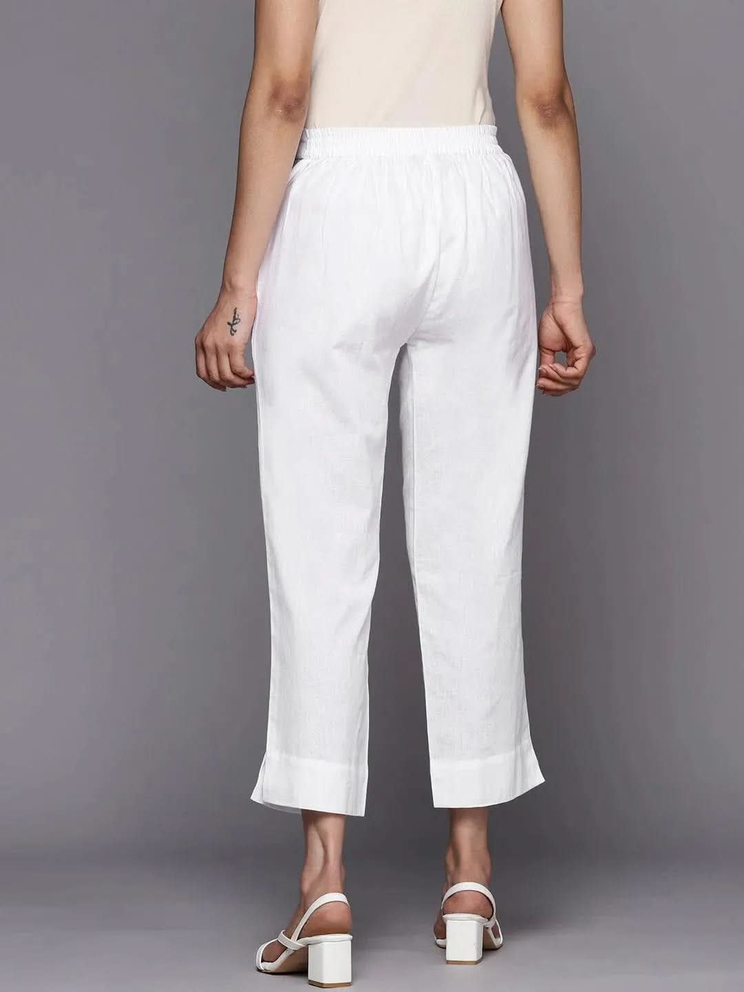 Libas White Solid Cotton Trousers