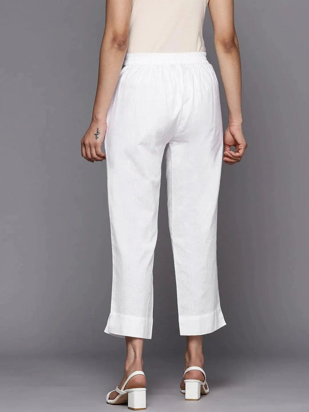 Libas White Solid Cotton Trousers