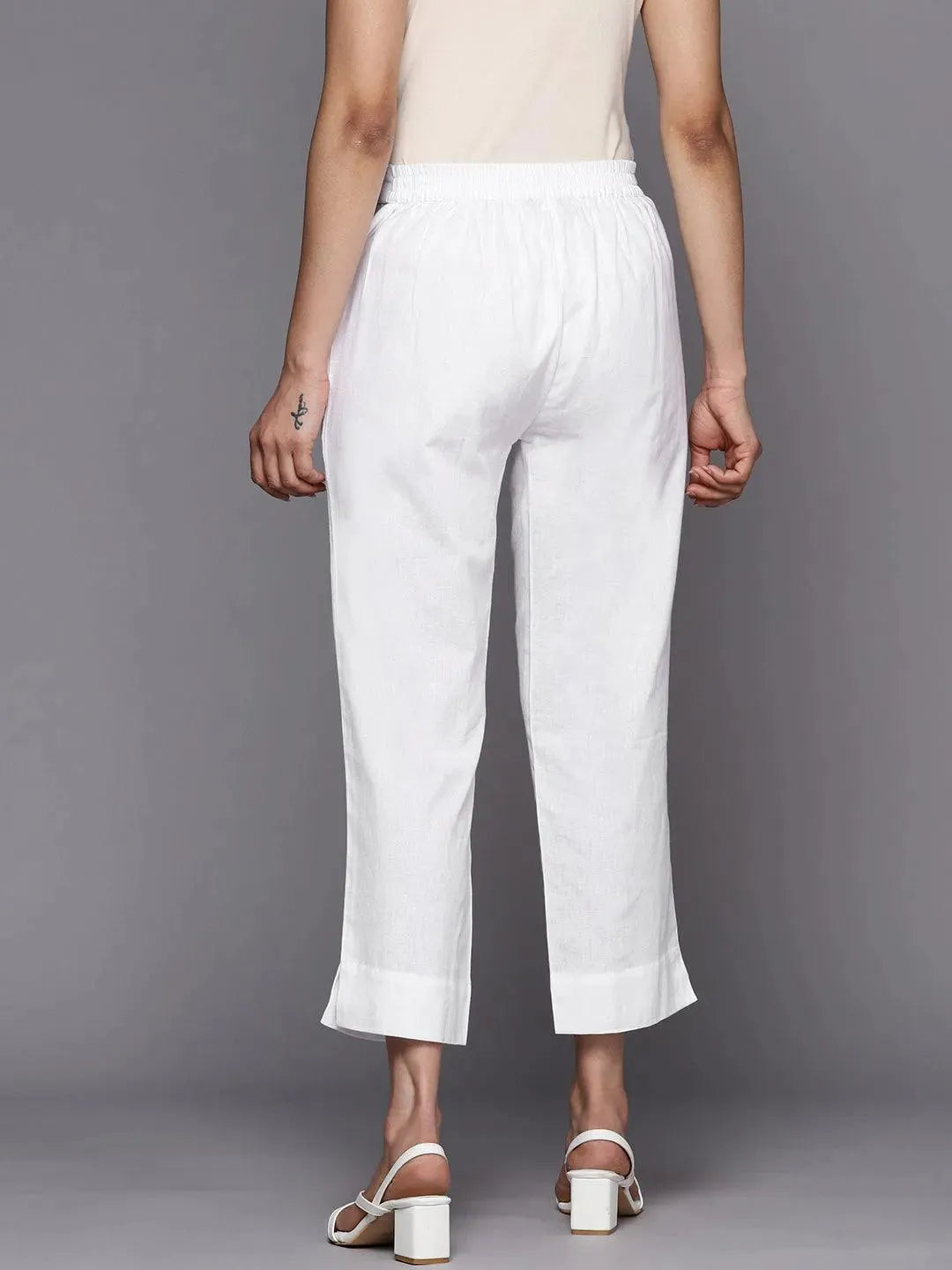 Libas White Solid Cotton Trousers