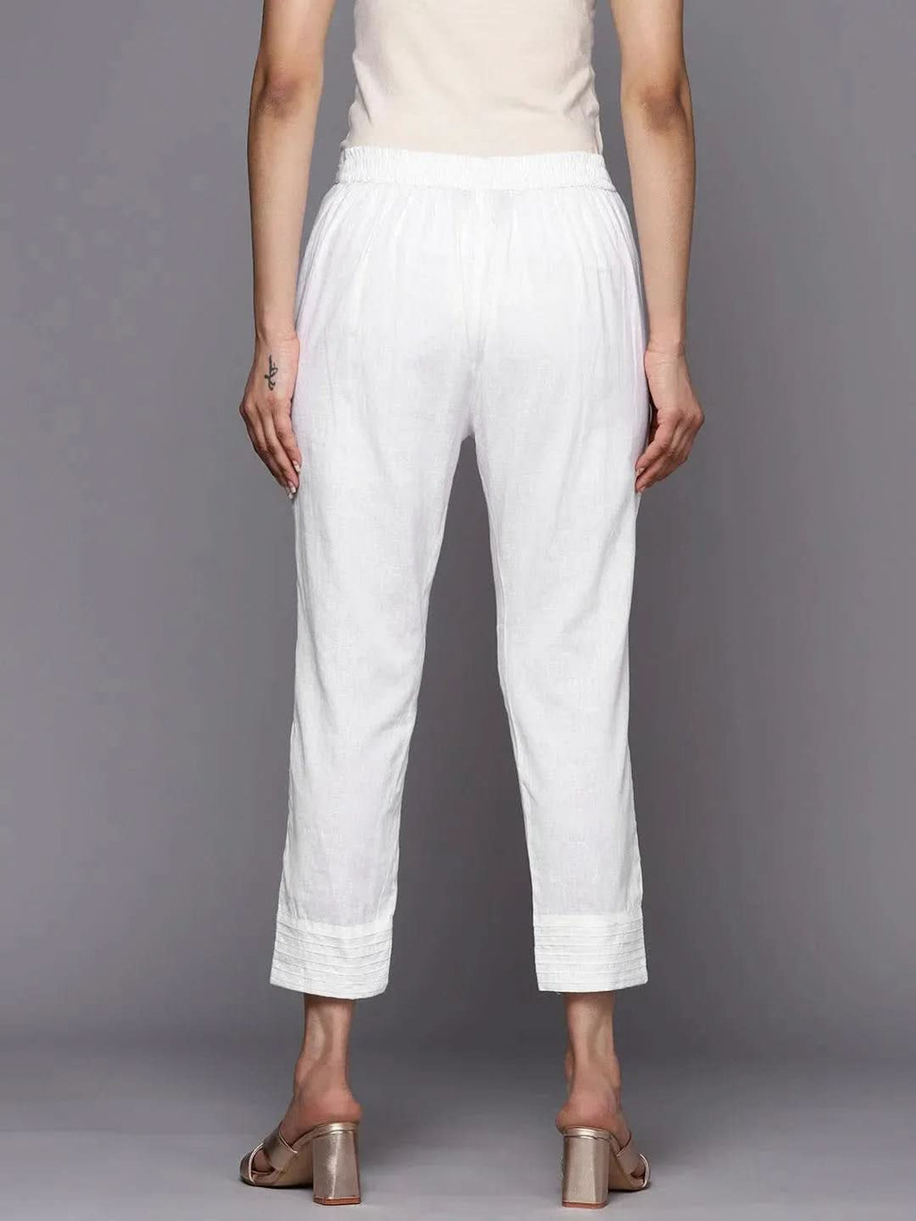 Libas White Solid Cotton Trousers