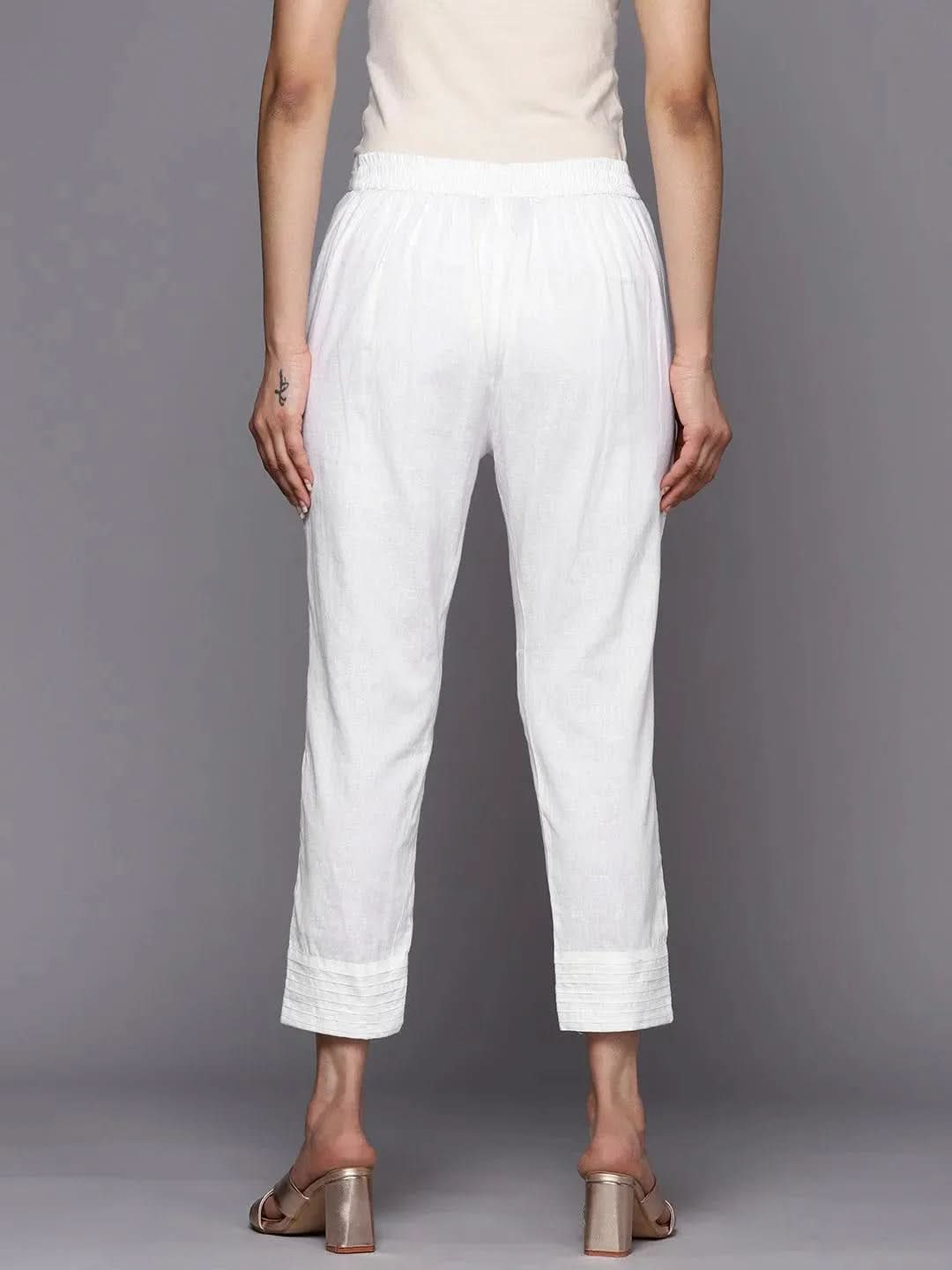 Libas White Solid Cotton Trousers