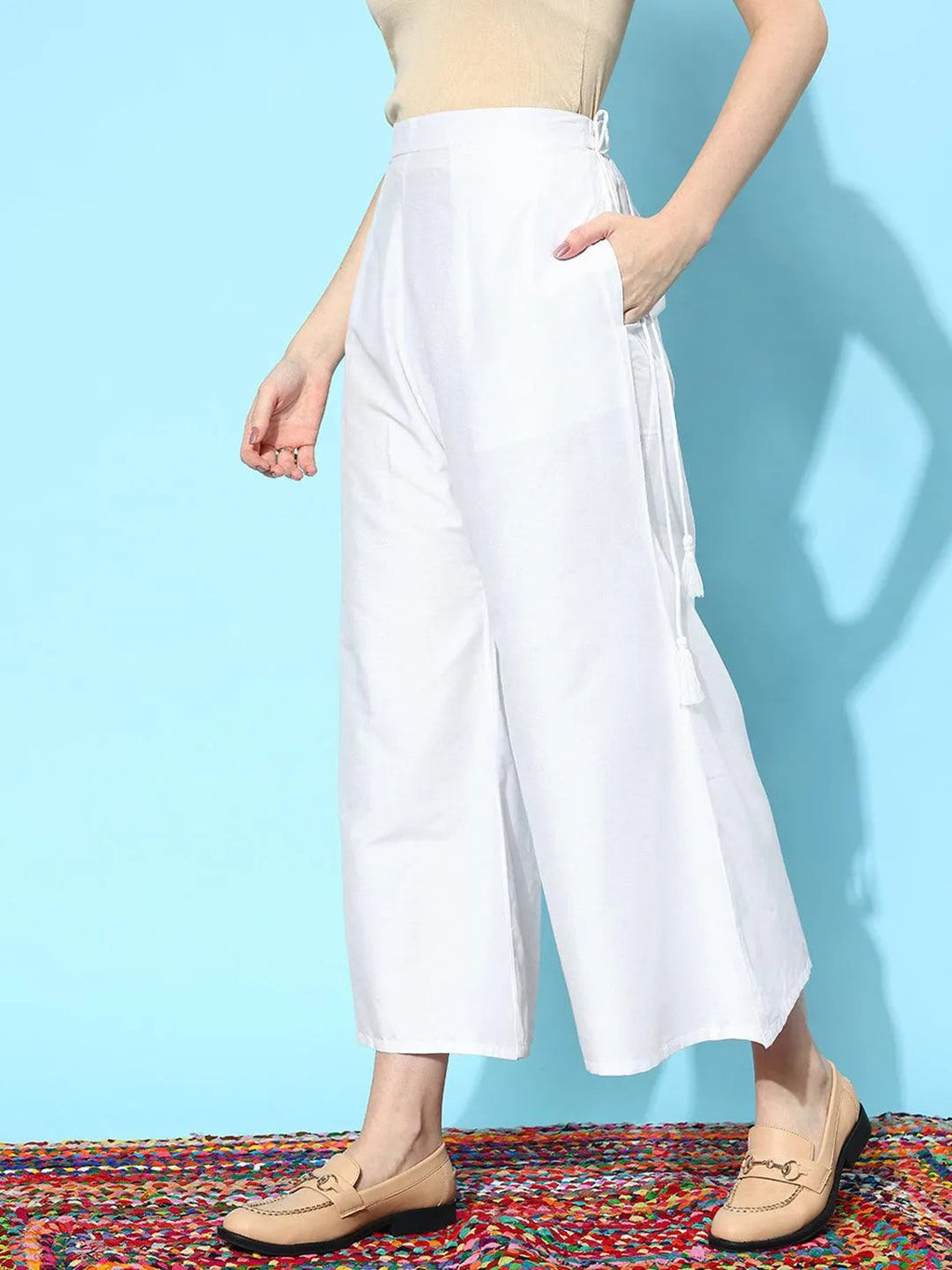 Libas White Solid Silk Palazzos