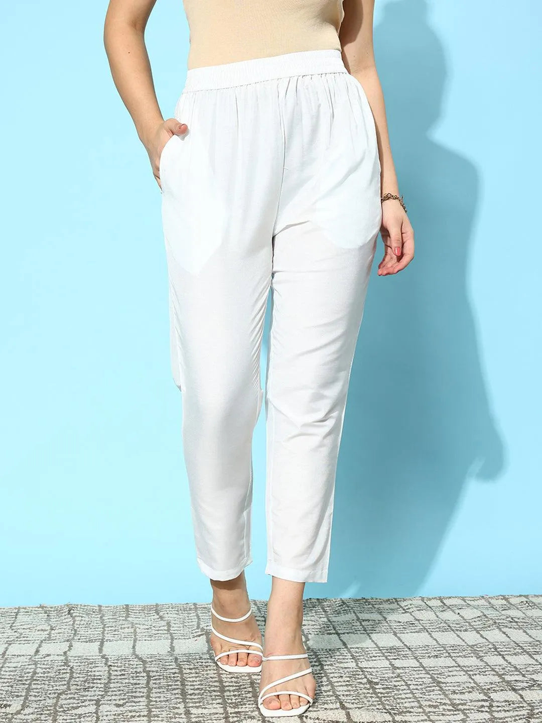 Libas White Solid Silk Trousers
