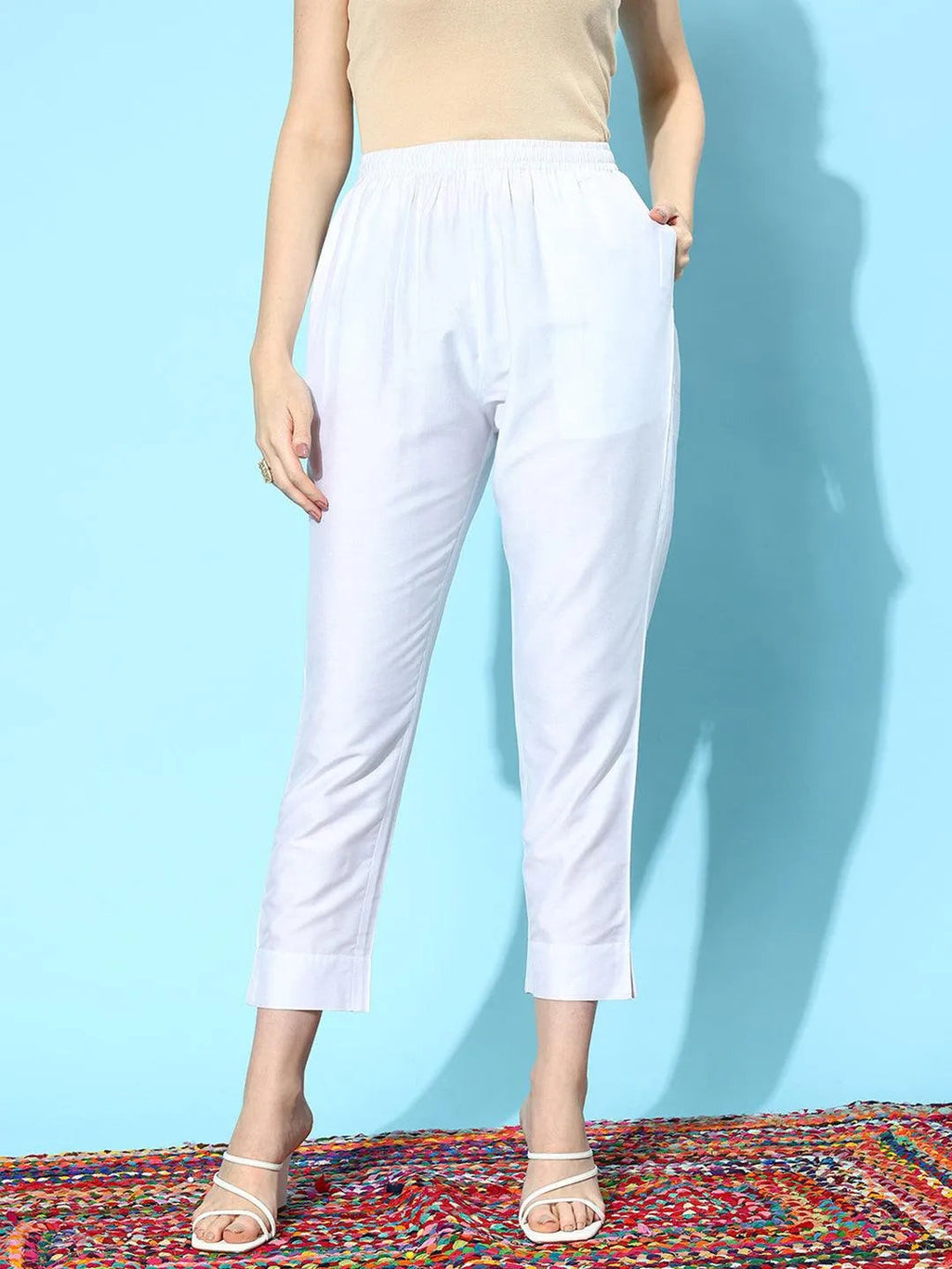 Libas White Solid Silk Trousers