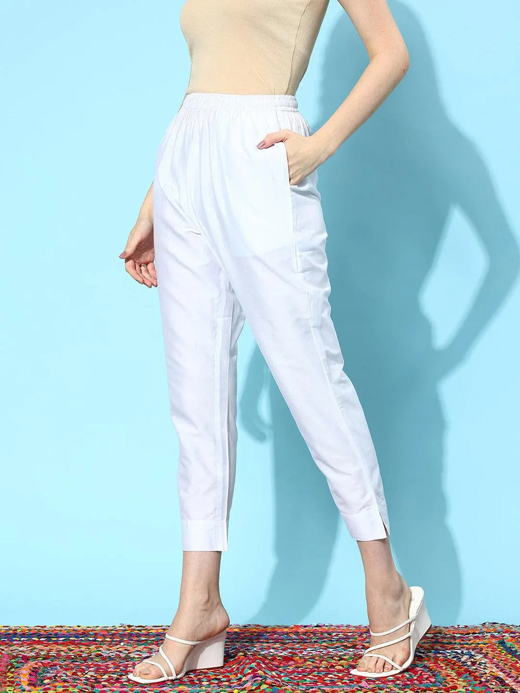 Libas White Solid Silk Trousers