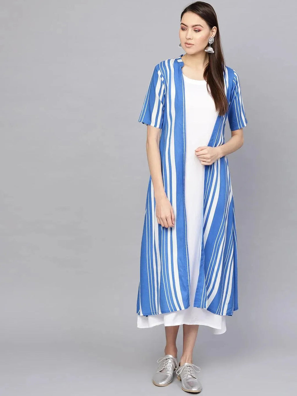 Libas White Striped Cotton Dress With Jacket