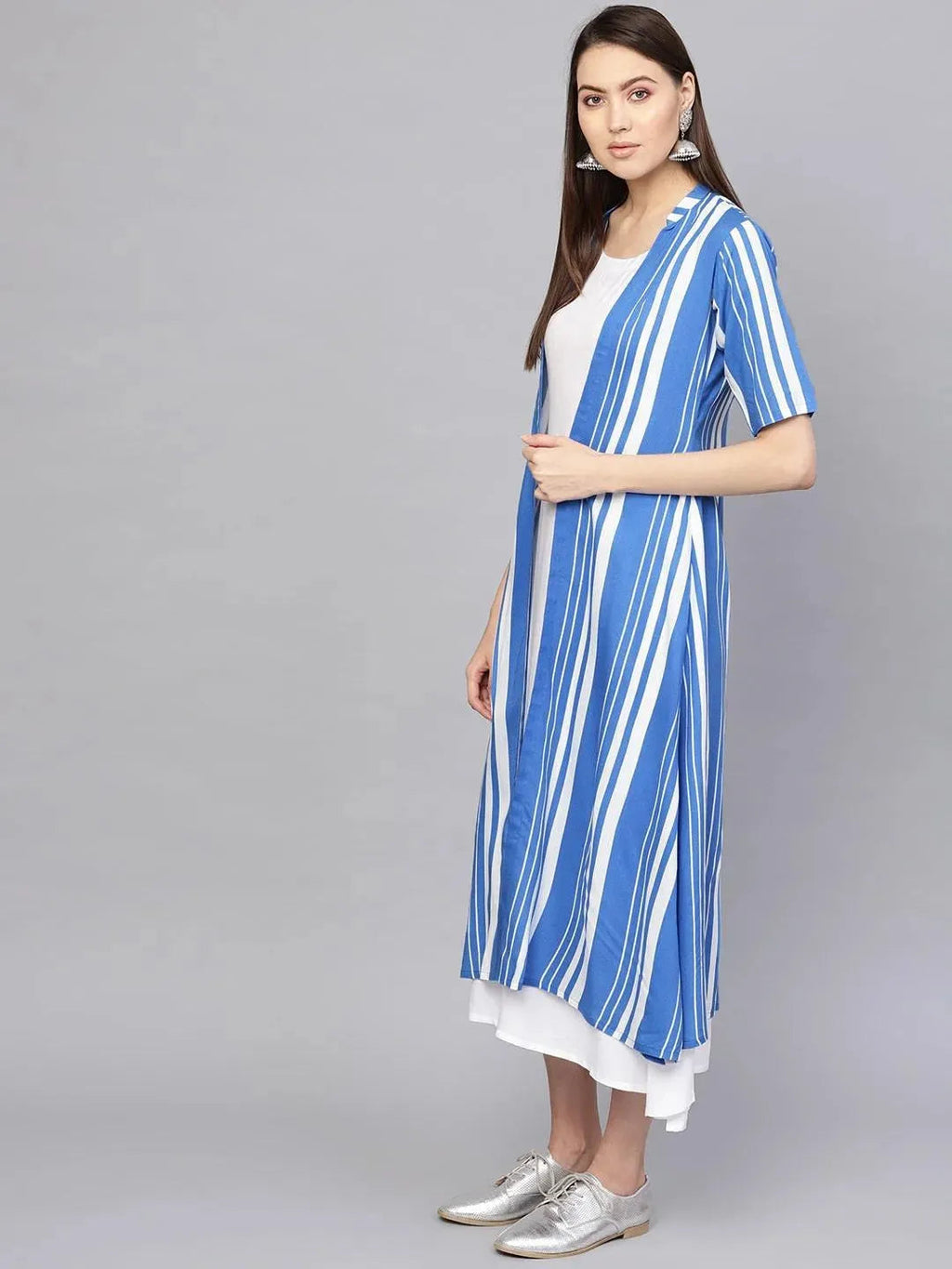 Libas White Striped Cotton Dress With Jacket