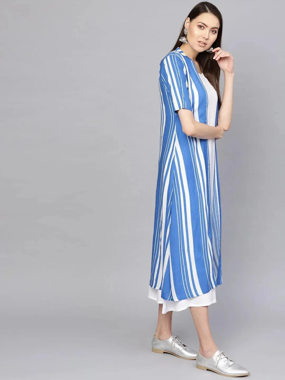 Libas White Striped Cotton Dress With Jacket