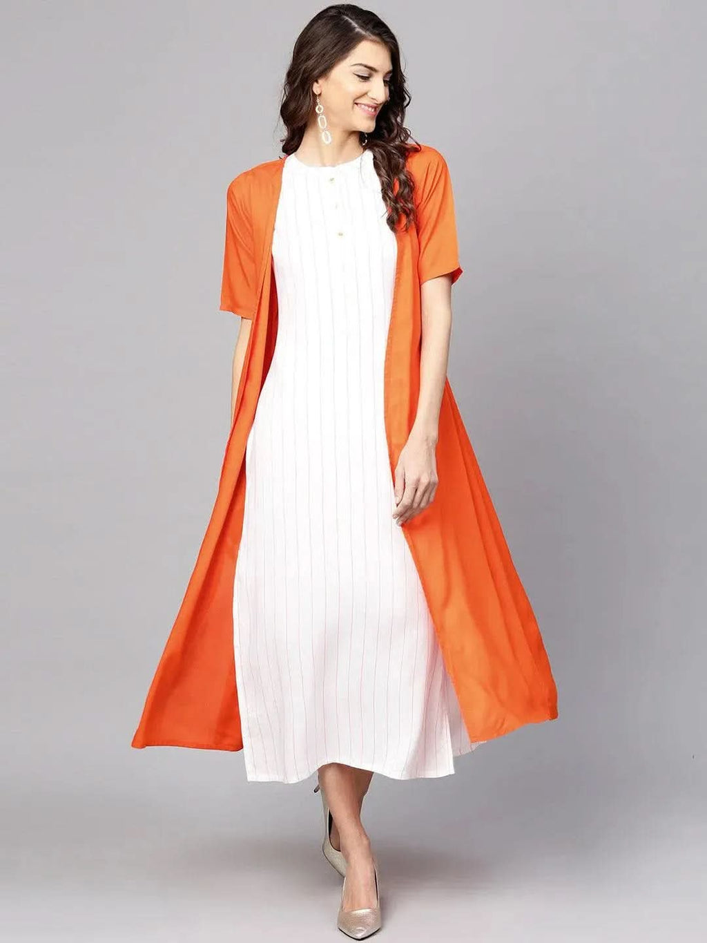 Libas White Striped Rayon Dress With Jacket