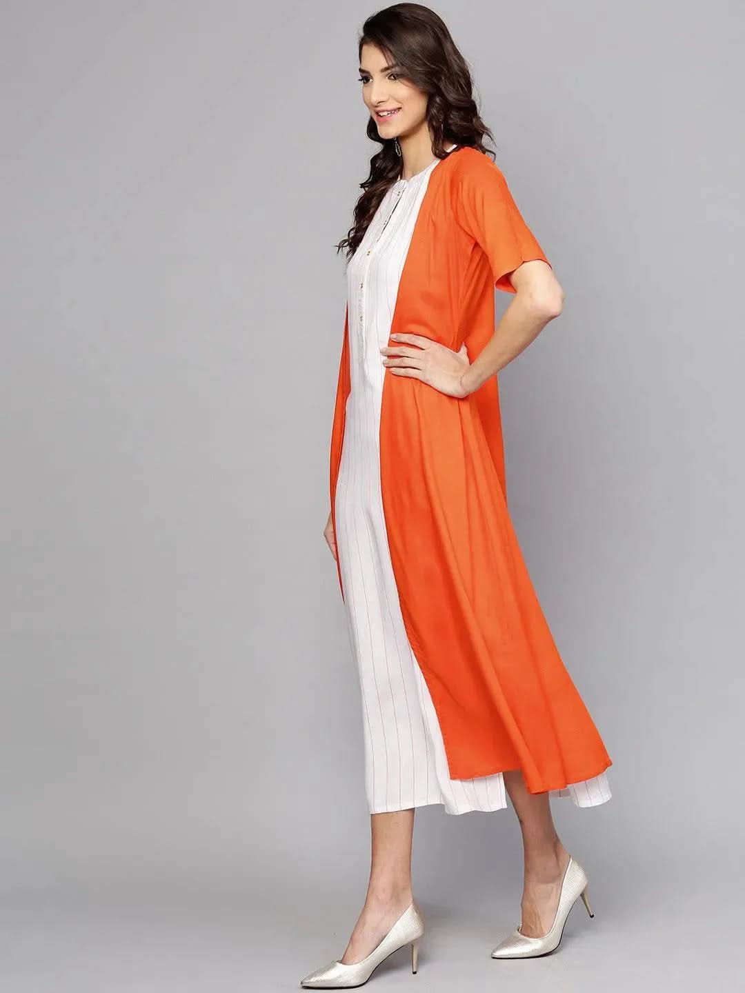 Libas White Striped Rayon Dress With Jacket
