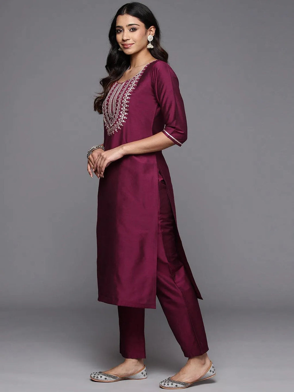 Gerua Wine Yoke Design Silk Blend Straight Suit With Dupatta