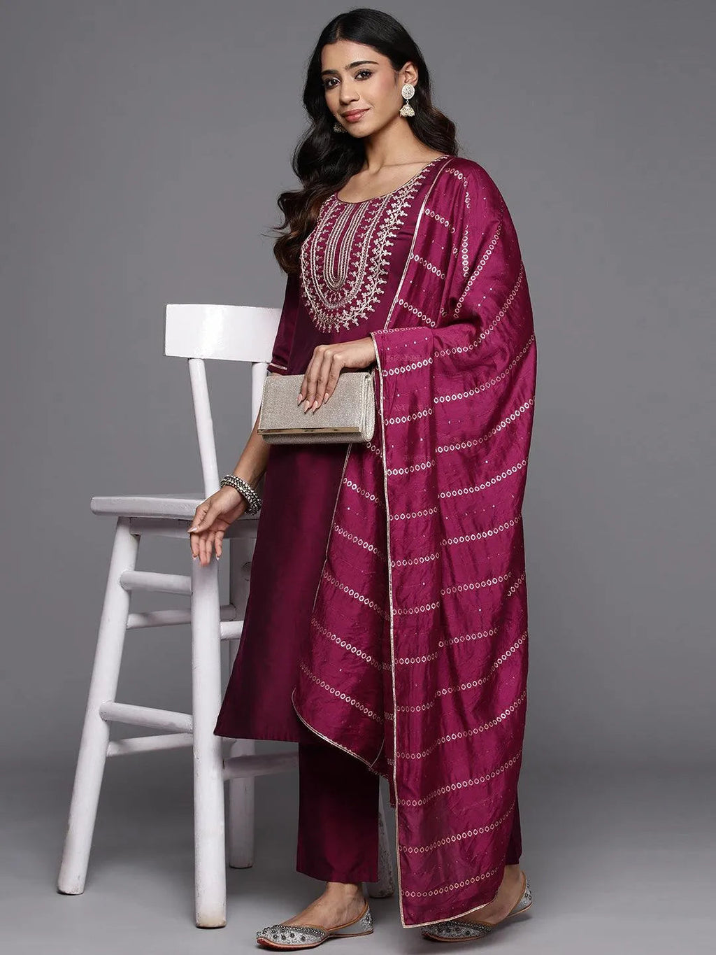 Gerua Wine Yoke Design Silk Blend Straight Suit With Dupatta
