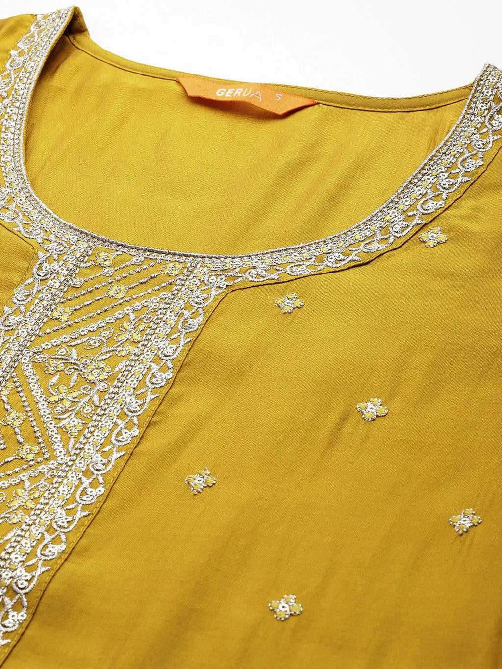 Gerua Yellow Embroidered Silk Blend Straight Suit With Dupatta