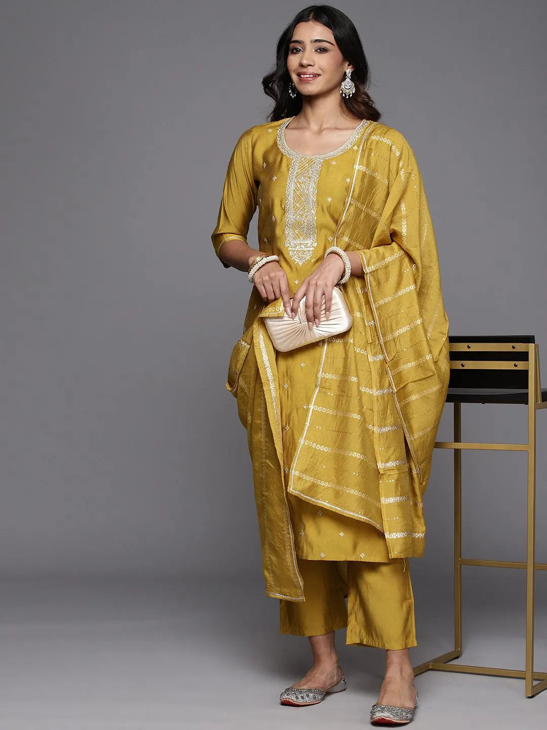 Gerua Yellow Embroidered Silk Blend Straight Suit With Dupatta