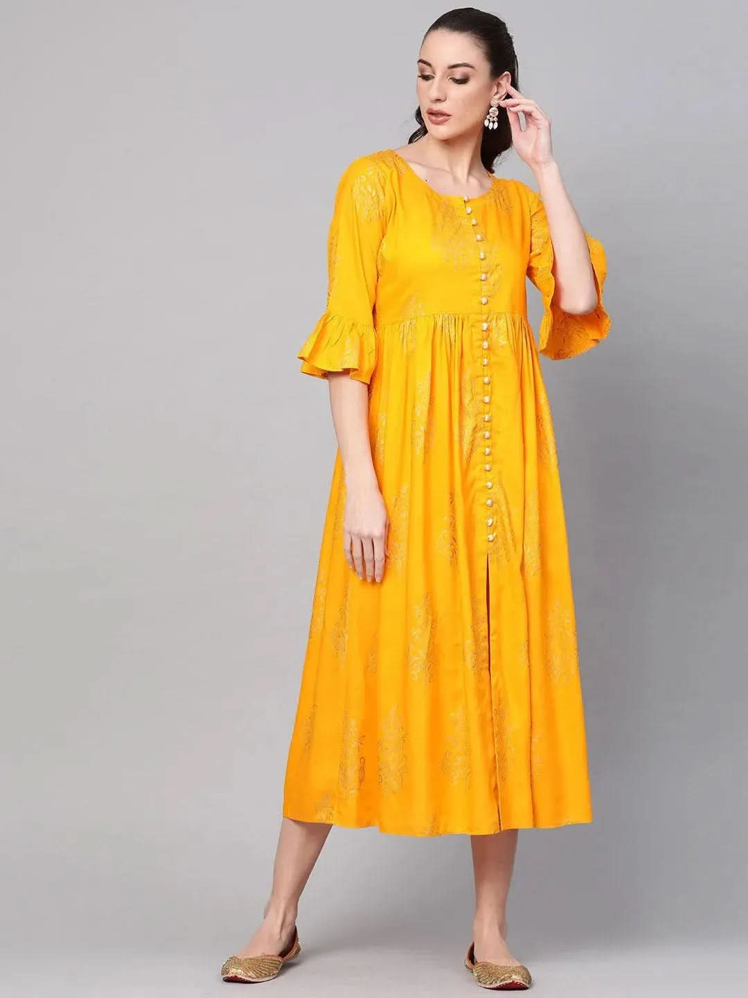 Libas Yellow Printed Cotton Dress