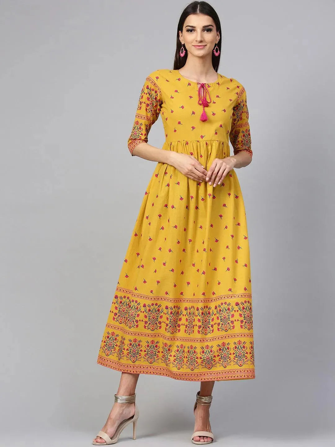 Libas Yellow Printed Cotton Dress