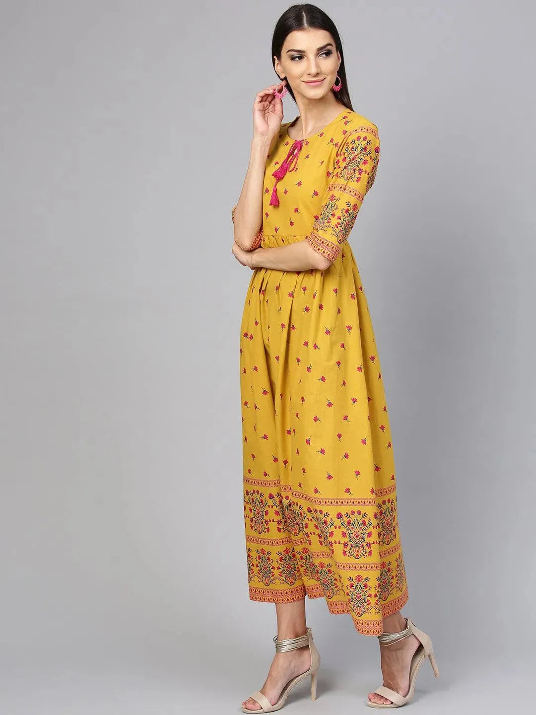 Libas Yellow Printed Cotton Dress