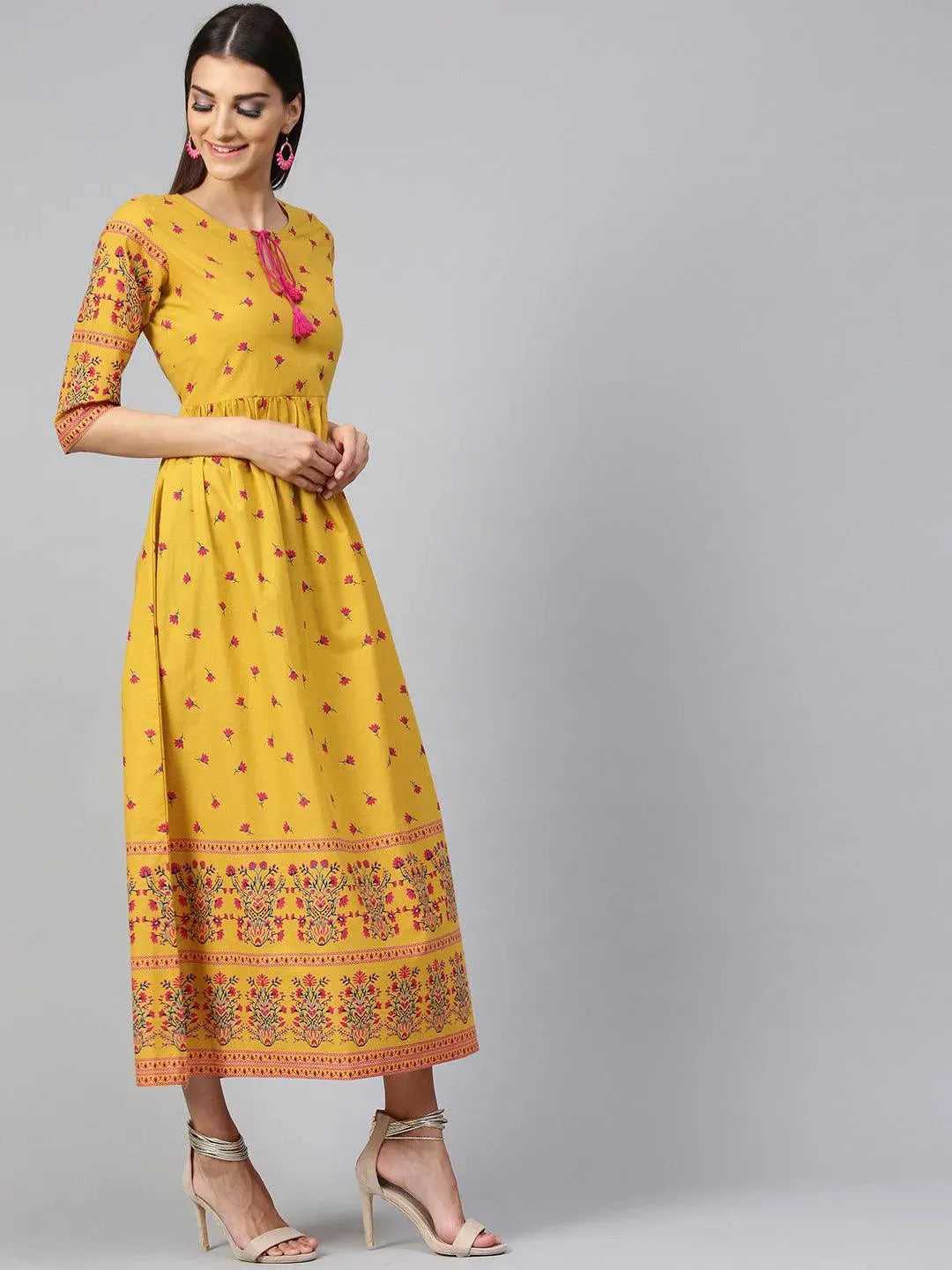 Libas Yellow Printed Cotton Dress