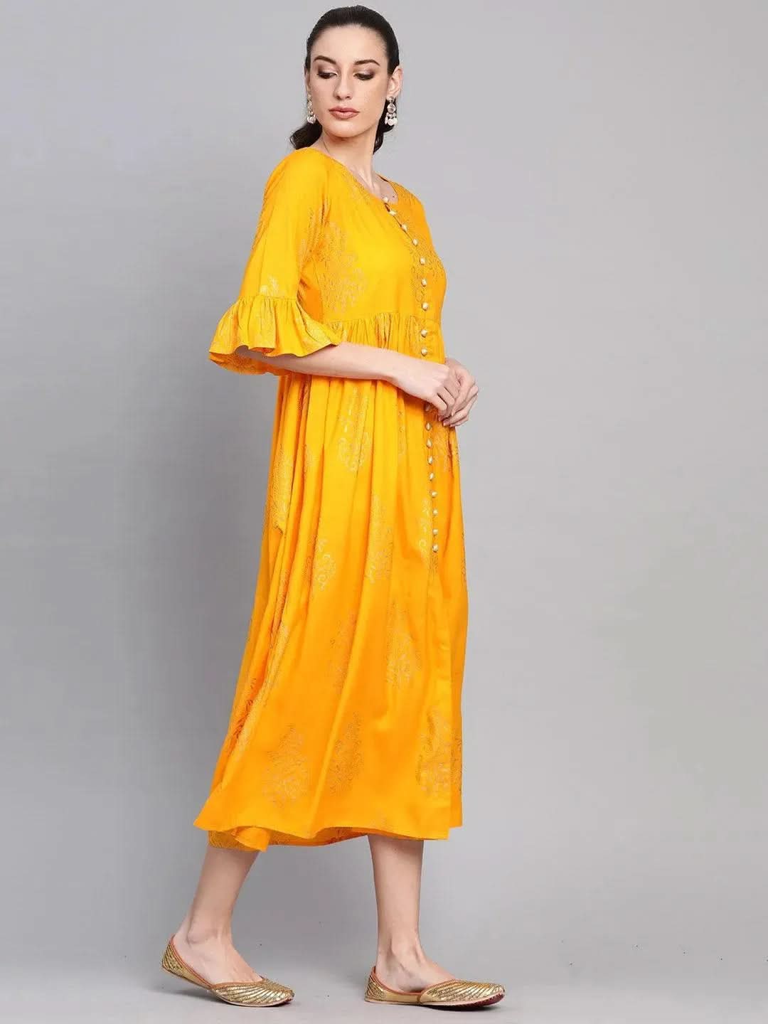 Libas Yellow Printed Cotton Dress