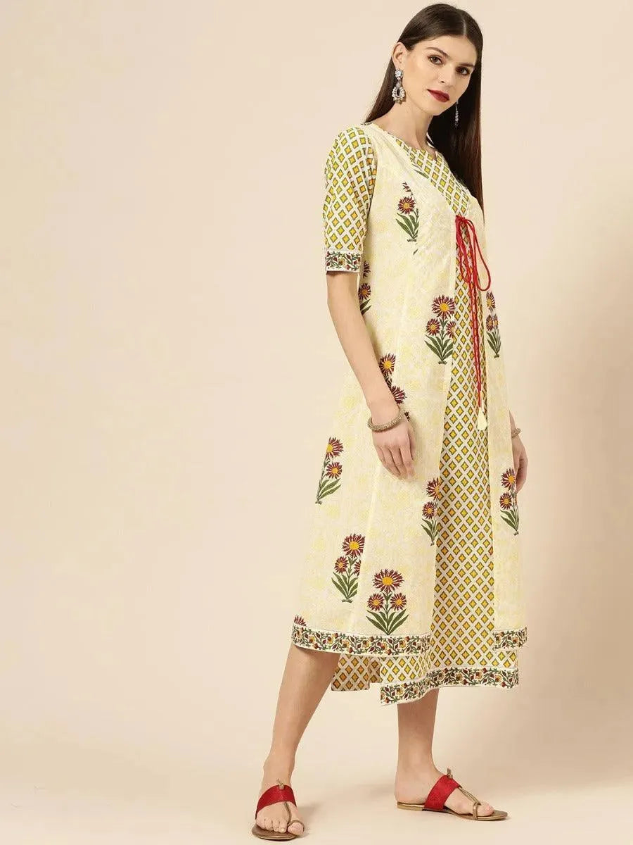 Libas Yellow Printed Cotton Dress With Jacket