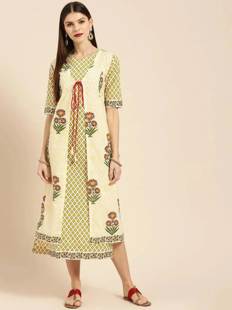 Libas Yellow Printed Cotton Dress With Jacket