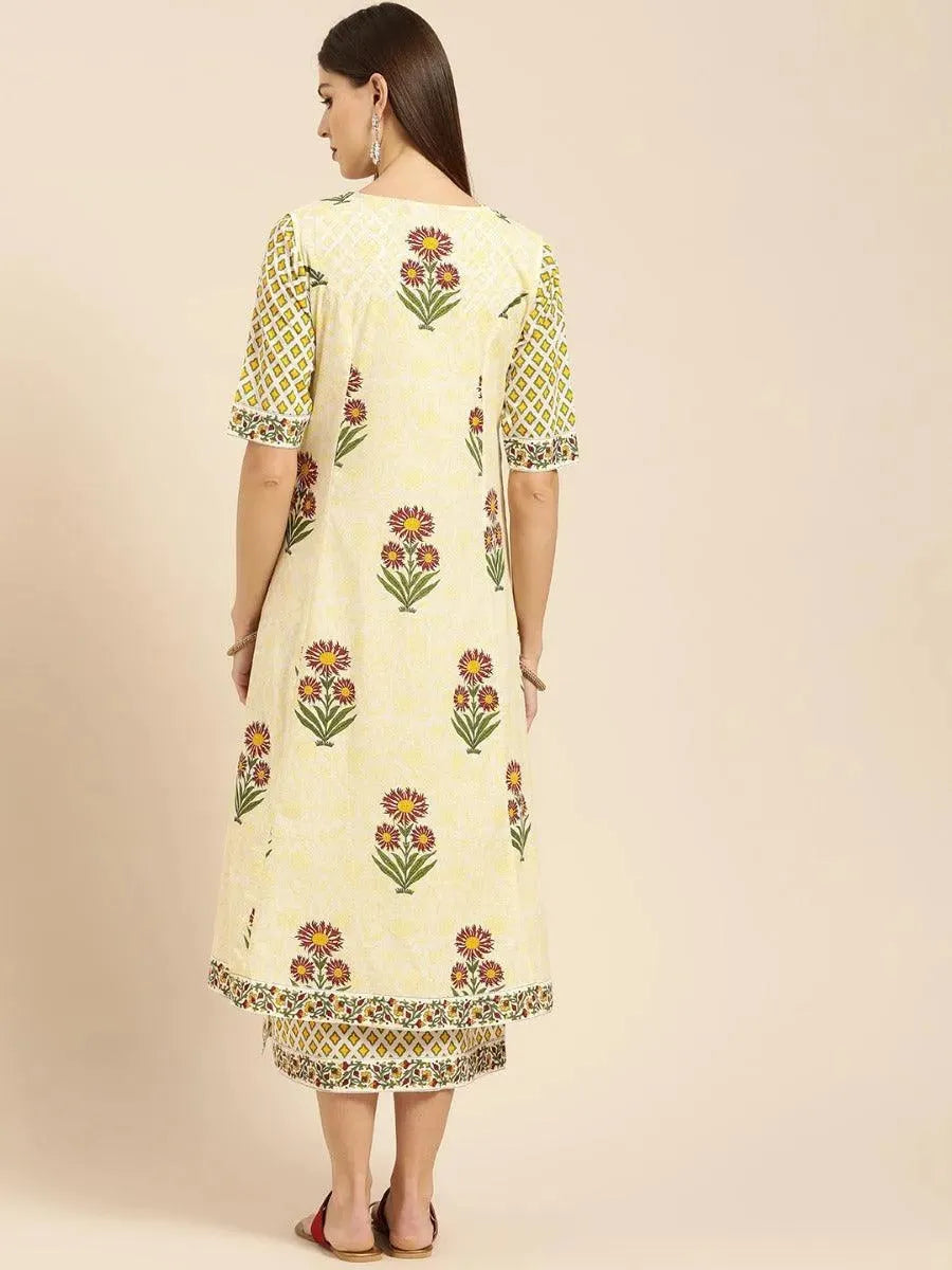 Libas Yellow Printed Cotton Dress With Jacket