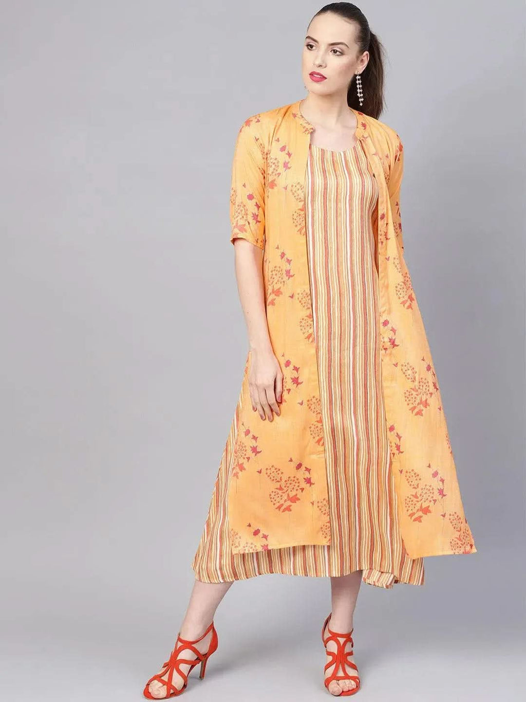 Libas Yellow Printed Rayon Dress With Jacket