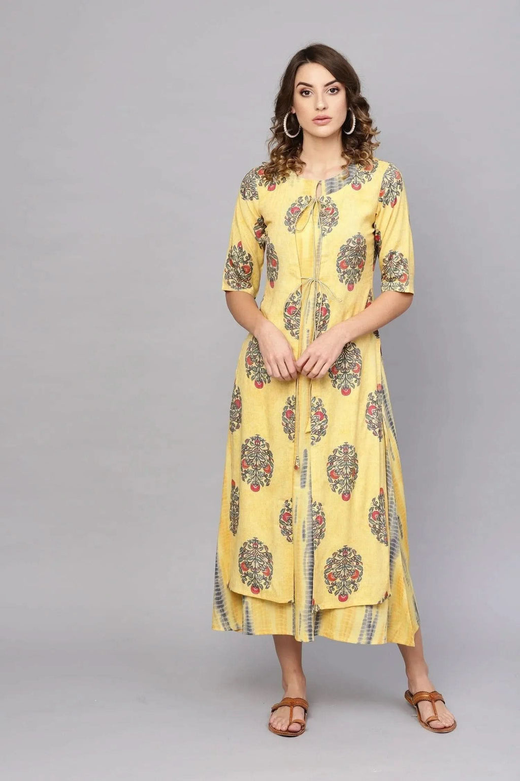 Libas Yellow Printed Rayon Dress With Jacket