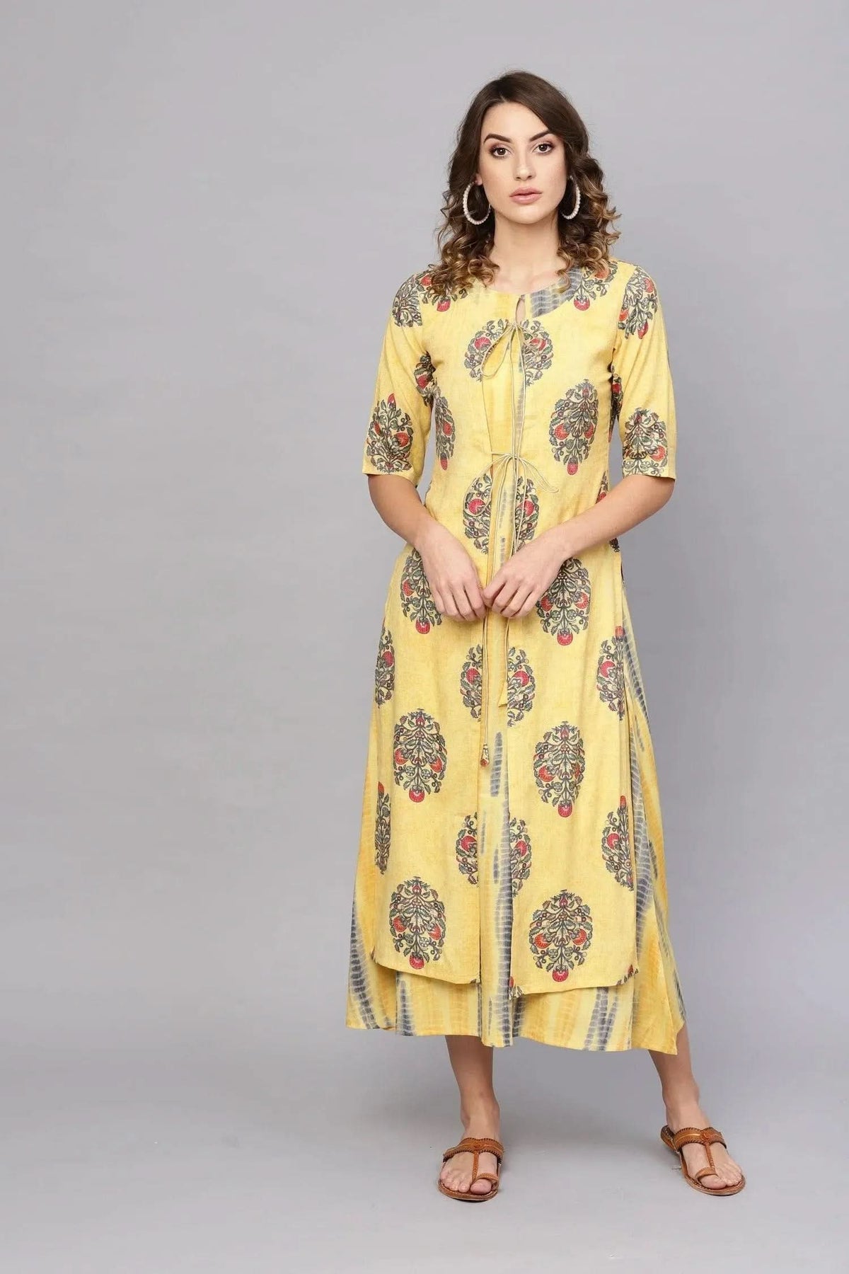 Libas Yellow Printed Rayon Dress With Jacket