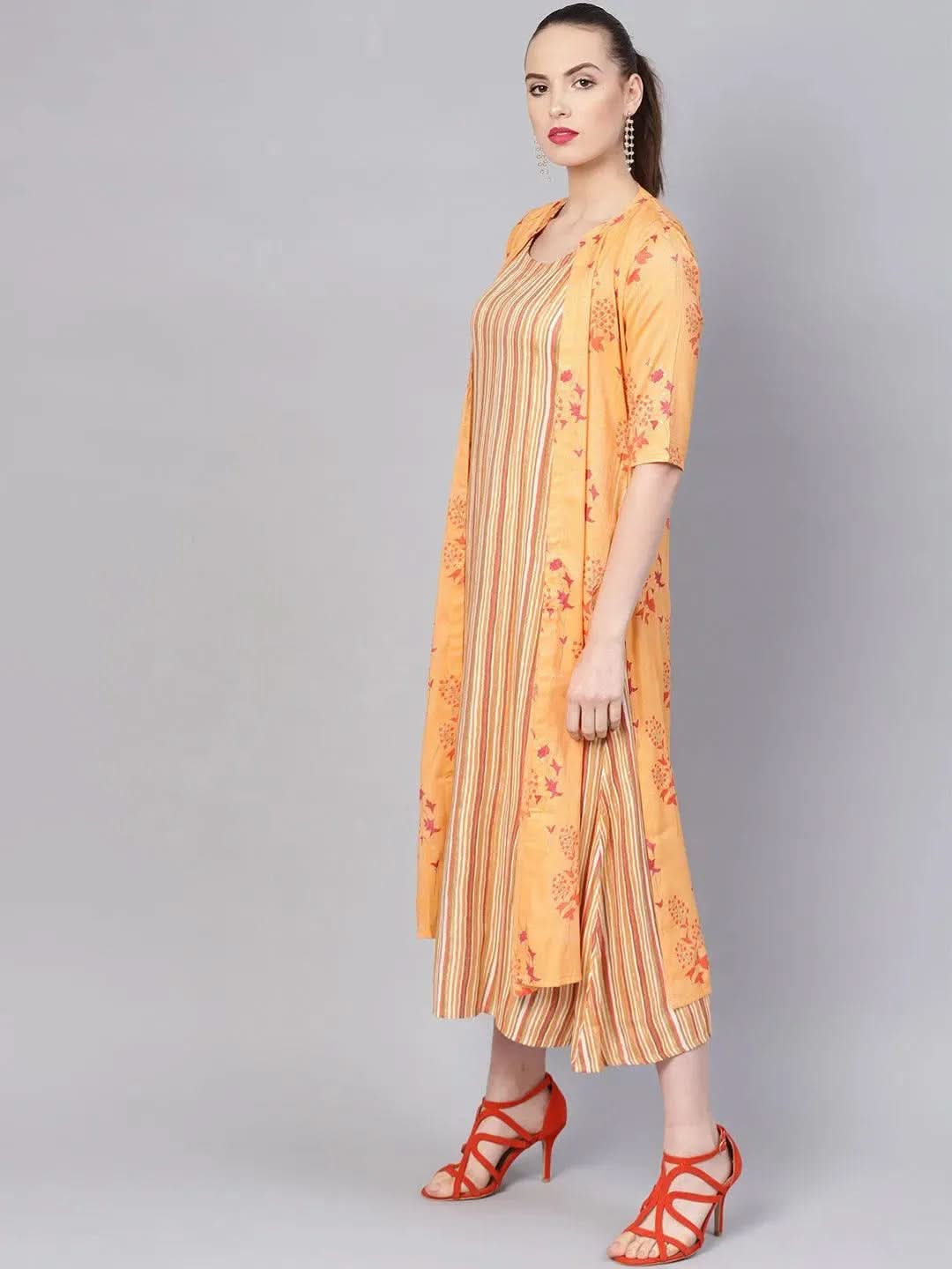 Libas Yellow Printed Rayon Dress With Jacket