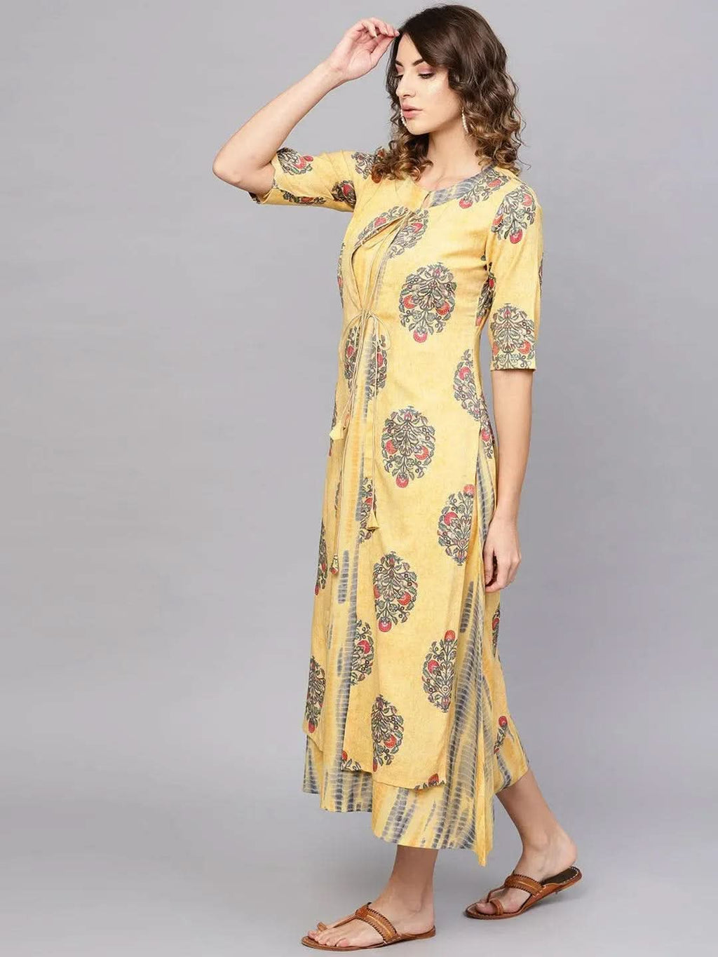 Libas Yellow Printed Rayon Dress With Jacket