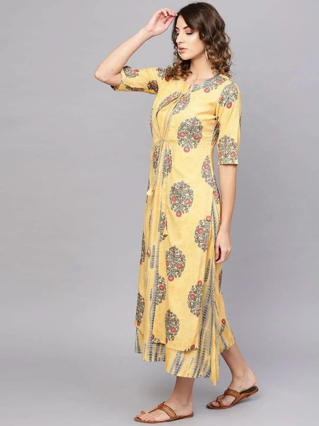Libas Yellow Printed Rayon Dress With Jacket