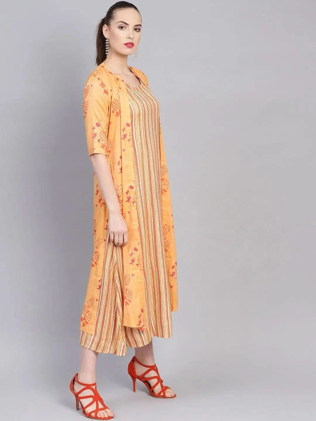 Libas Yellow Printed Rayon Dress With Jacket