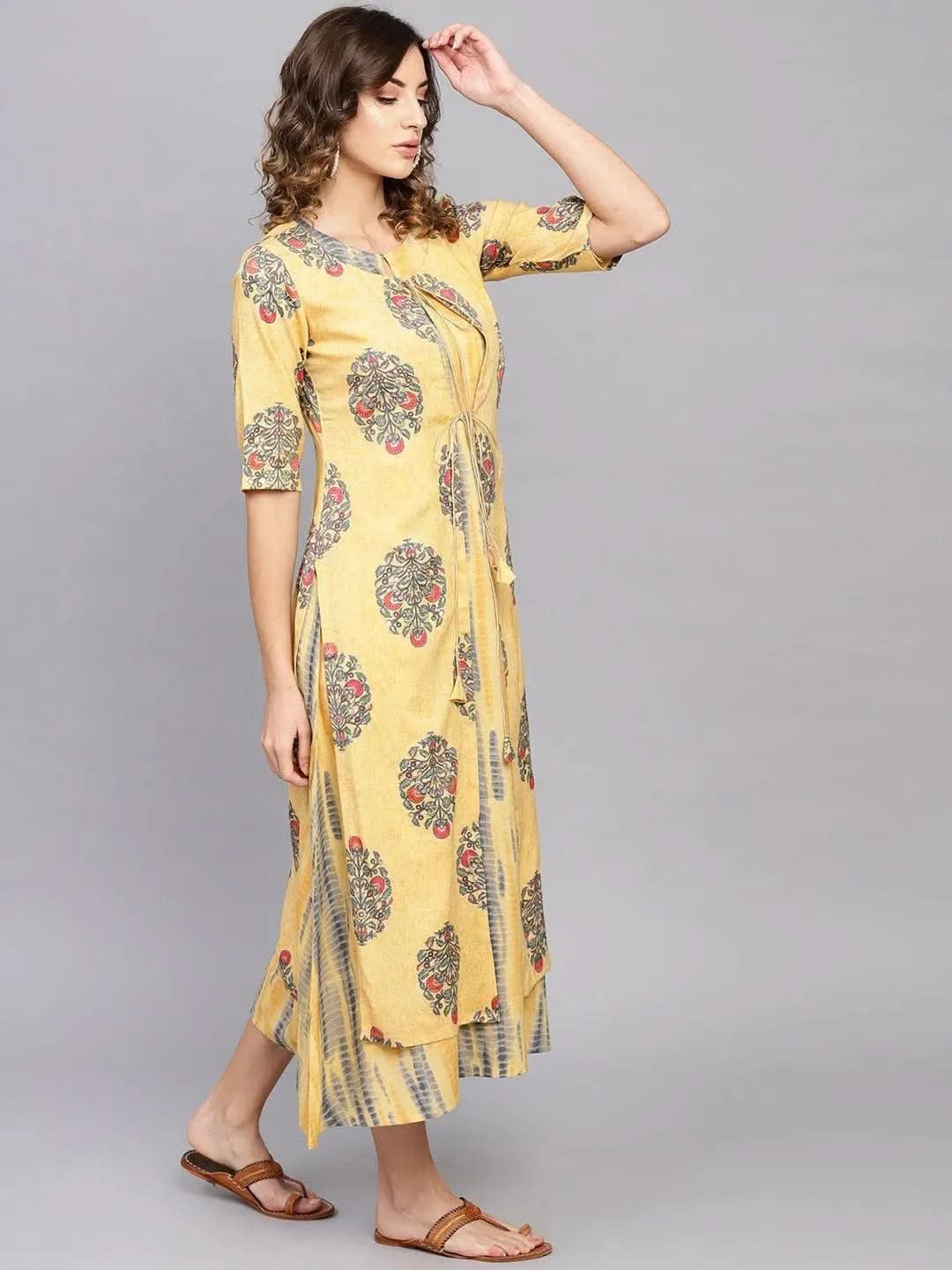 Libas Yellow Printed Rayon Dress With Jacket