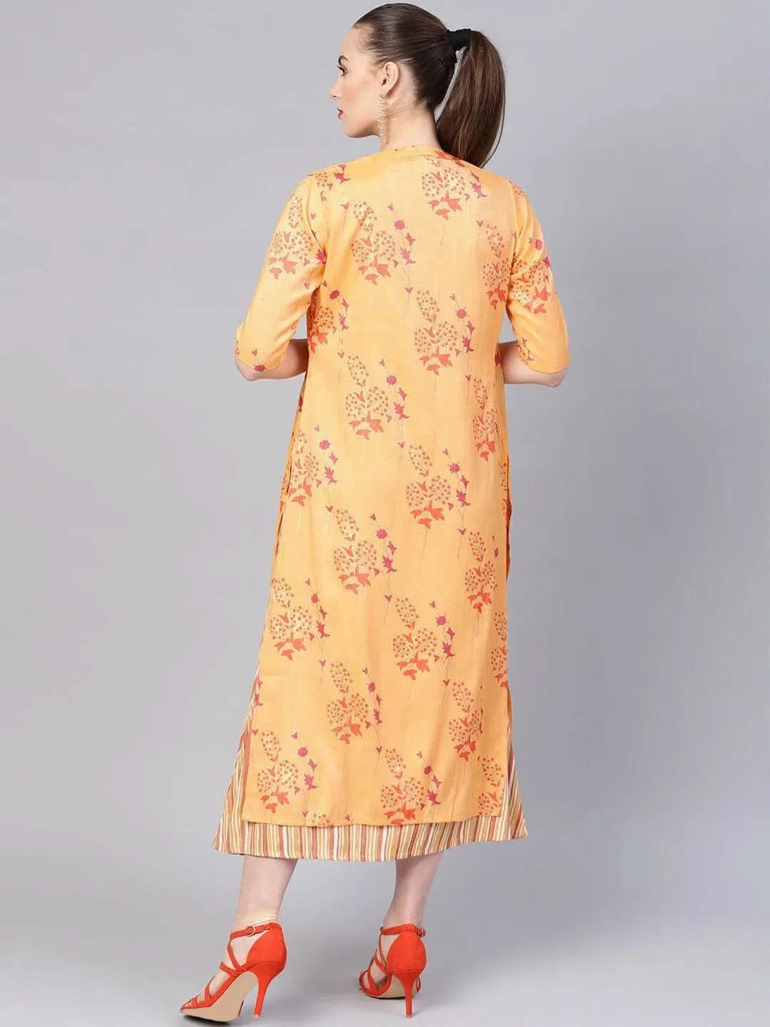Libas Yellow Printed Rayon Dress With Jacket