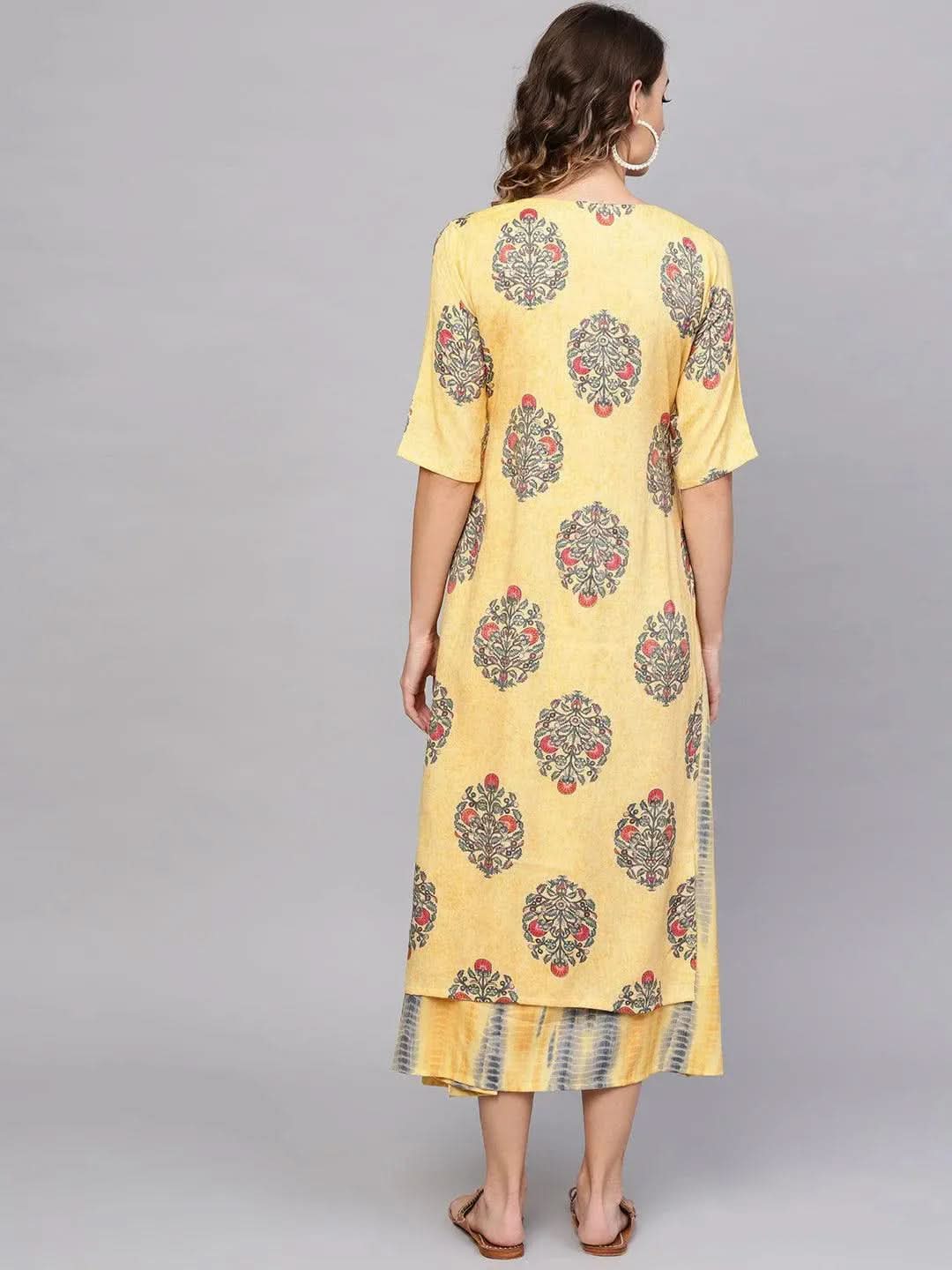 Libas Yellow Printed Rayon Dress With Jacket