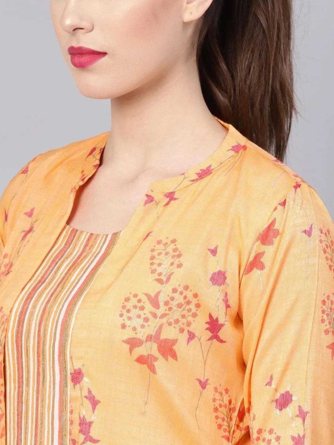 Libas Yellow Printed Rayon Dress With Jacket