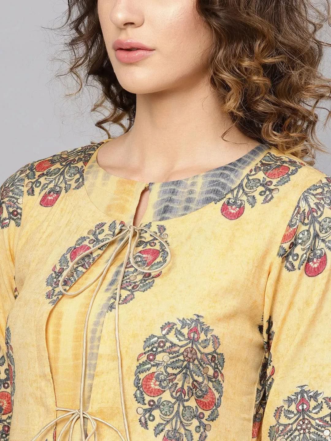 Libas Yellow Printed Rayon Dress With Jacket
