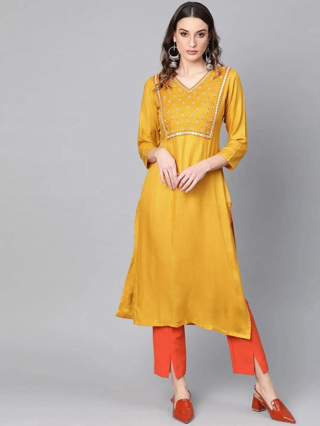 Libas Yellow Printed Rayon Kurta