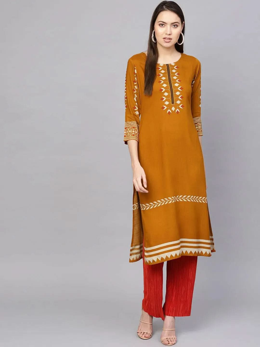 Libas Yellow Printed Rayon Kurta